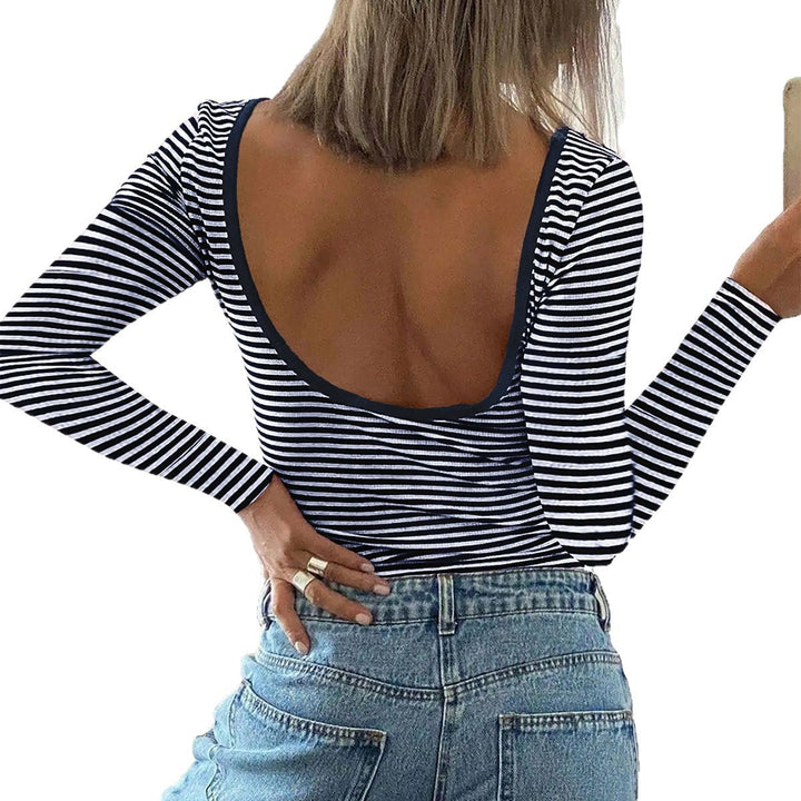 Women's Long Sleeve Bodysuit with Deep Back Cut-Out and Striped Design Lune London