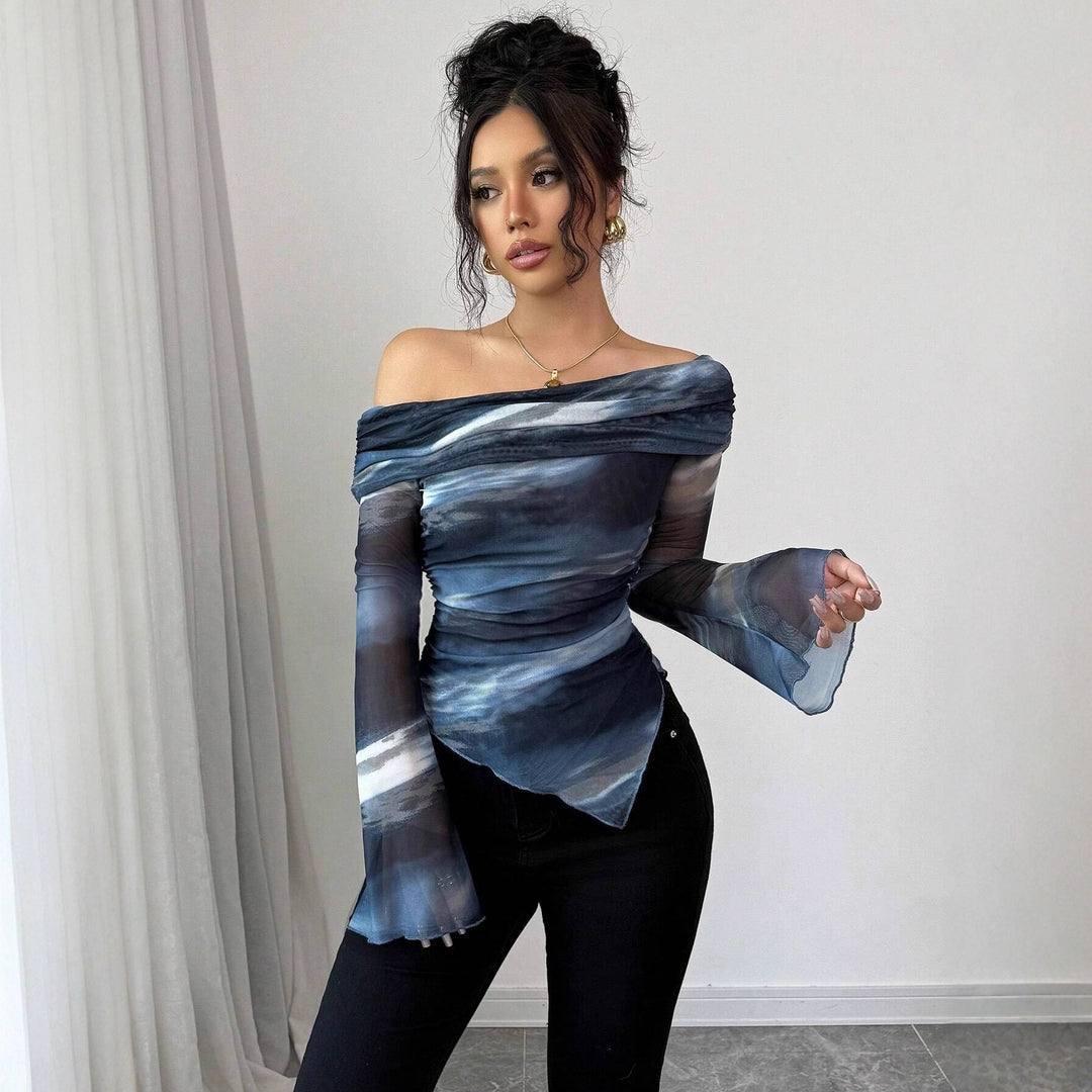 Women's off-shoulder blouse with floral transparent elements and an asymmetrical cut Lune London
