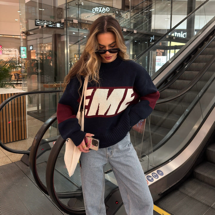 Sporty knitted sweater for women with creative graphic design and loose fit Lune London
