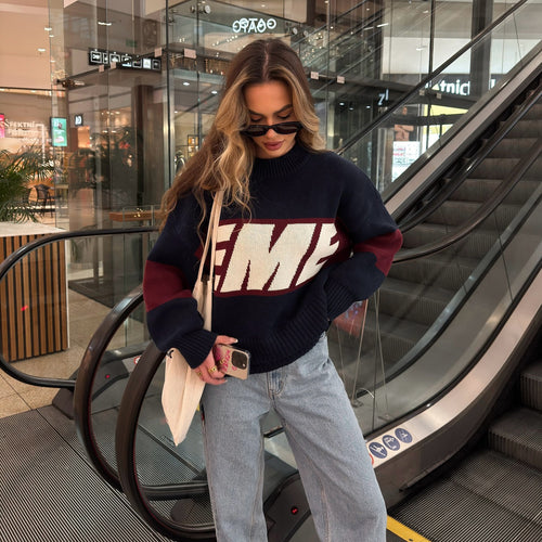 Sporty knitted sweater for women with creative graphic design and loose fit Lune London
