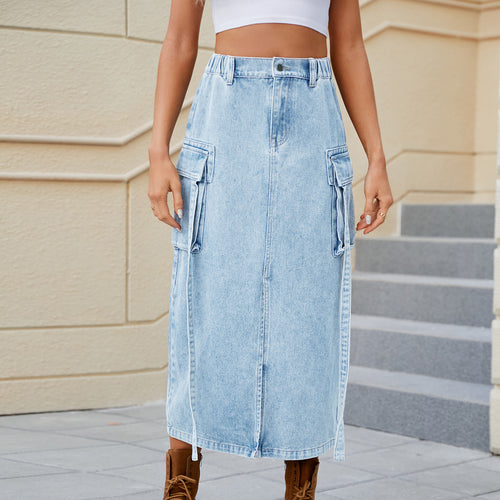 Women's utility maxi skirt with practical cargo pockets and side slit Lune London