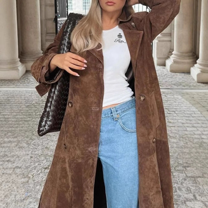 Lune London elegant fitted suede leather trench coat for women with belt