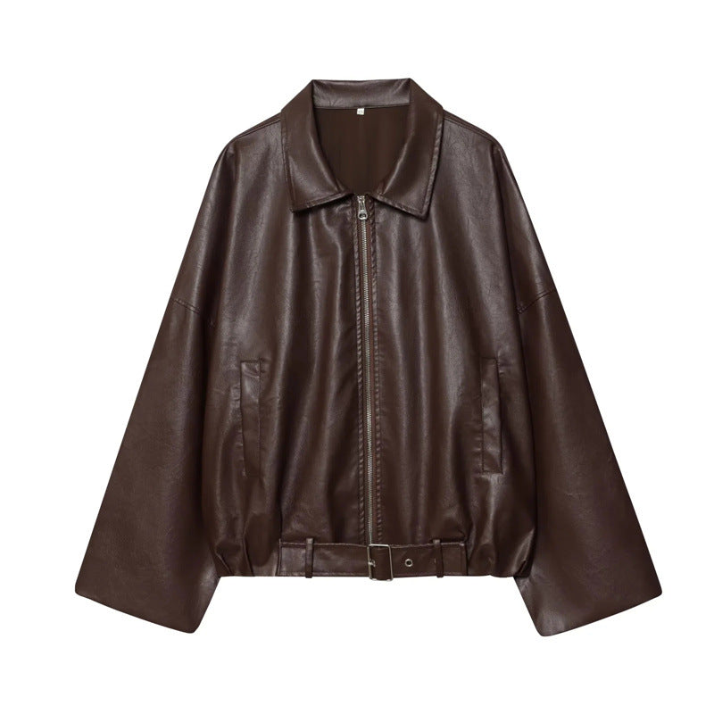 Cropped faux leather jacket for women with an urban style featuring a wide collar and practical pockets Lune London