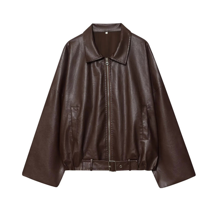 Cropped faux leather jacket for women with an urban style featuring a wide collar and practical pockets Lune London