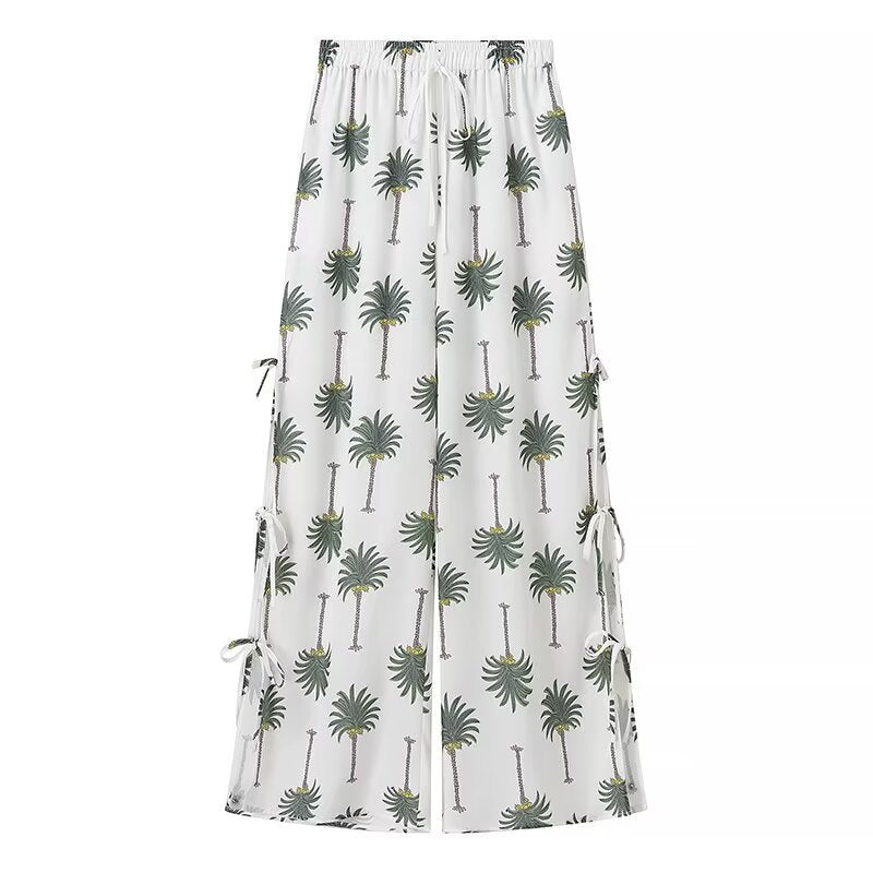 Lune London Women's Palazzo Pants with Palm Floral Print and Lace-Up Details on the Sides