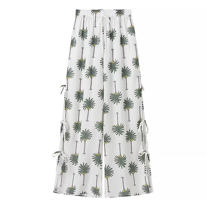 Lune London Women's Palazzo Pants with Palm Floral Print and Lace-Up Details on the Sides