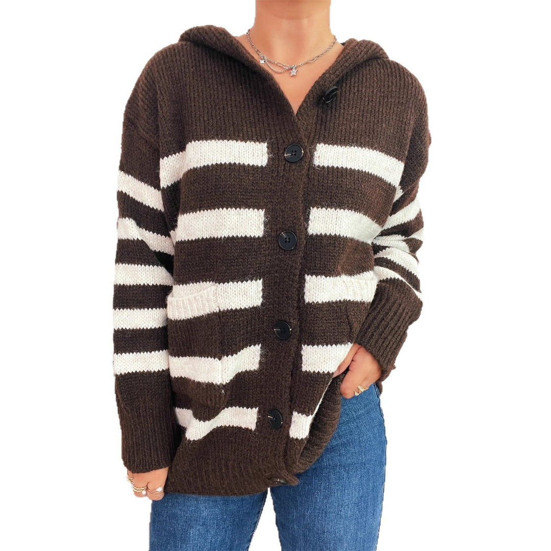 Cardigan décontracté en tricot pour femmes avec capuche et grandes rayures Chic & Stil