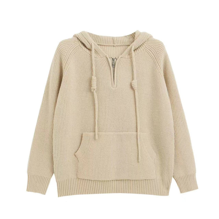 Ladies oversized knitted sweater with hood and practical zip pockets Lune London
