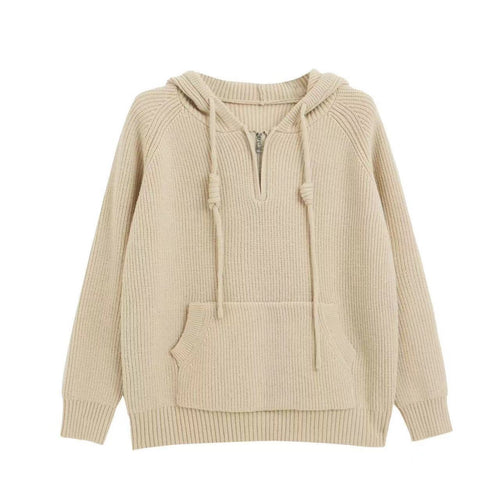 Ladies oversized knitted sweater with hood and practical zip pockets Lune London