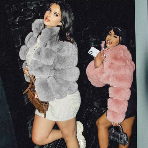 Luxury faux fur jacket for women with voluminous puff sleeves Lune London