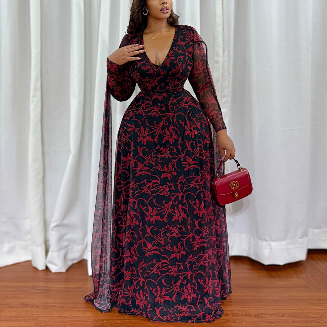 Women's maxi dress with floral transparent design and elegant sleeves Lune London