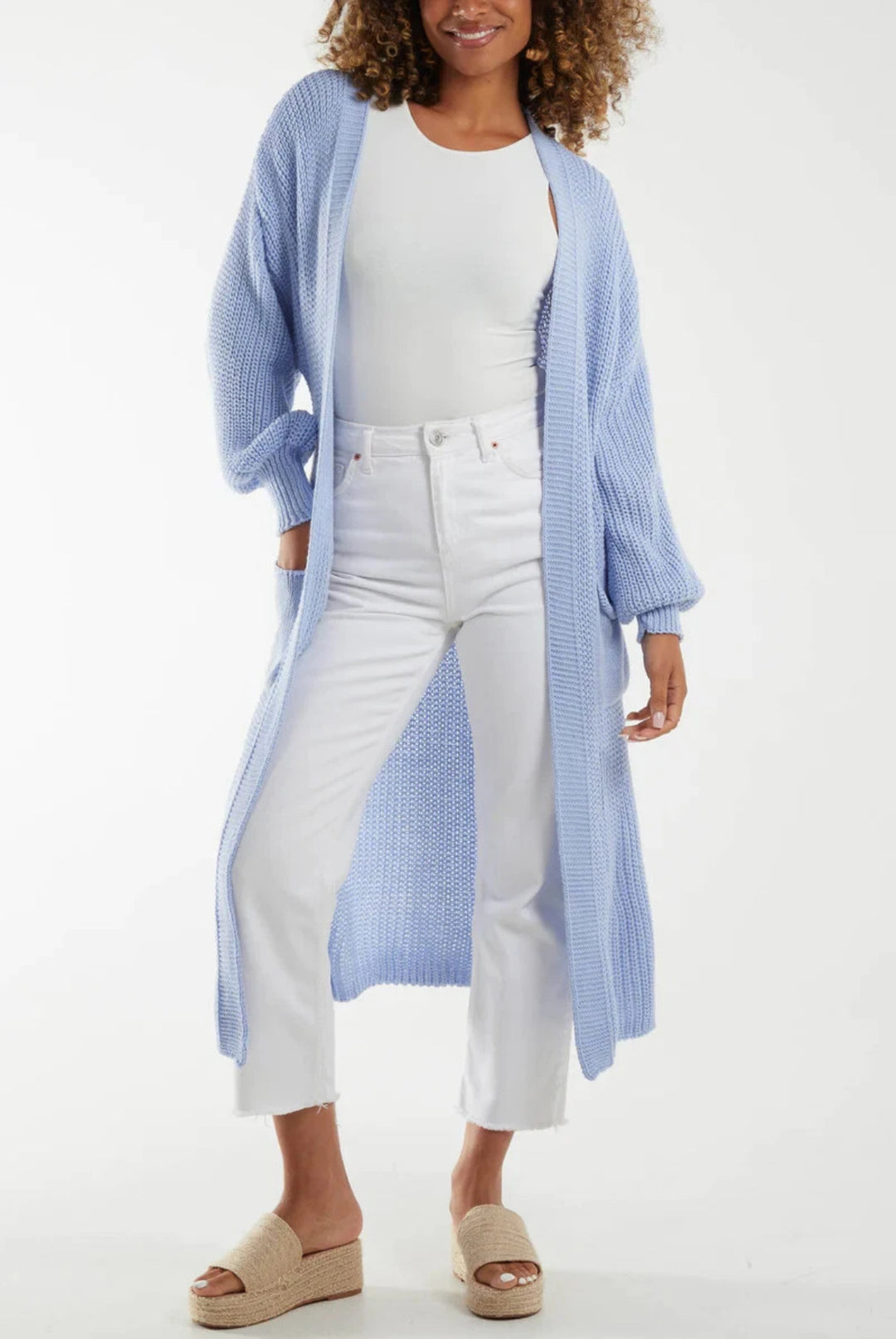 Ladies Long knitted cardigan with airy sleeves and an open front Lune London