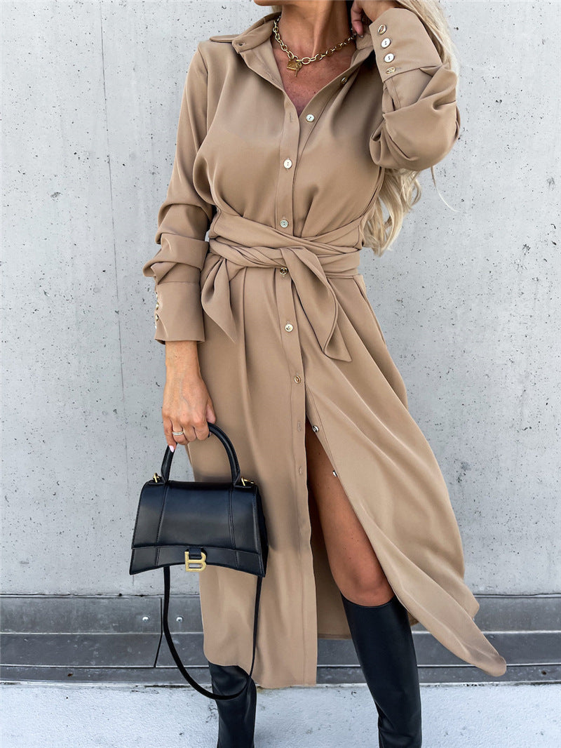 Ladies Elegant Midi Dress with Belt and Chic Button Placket and Style
