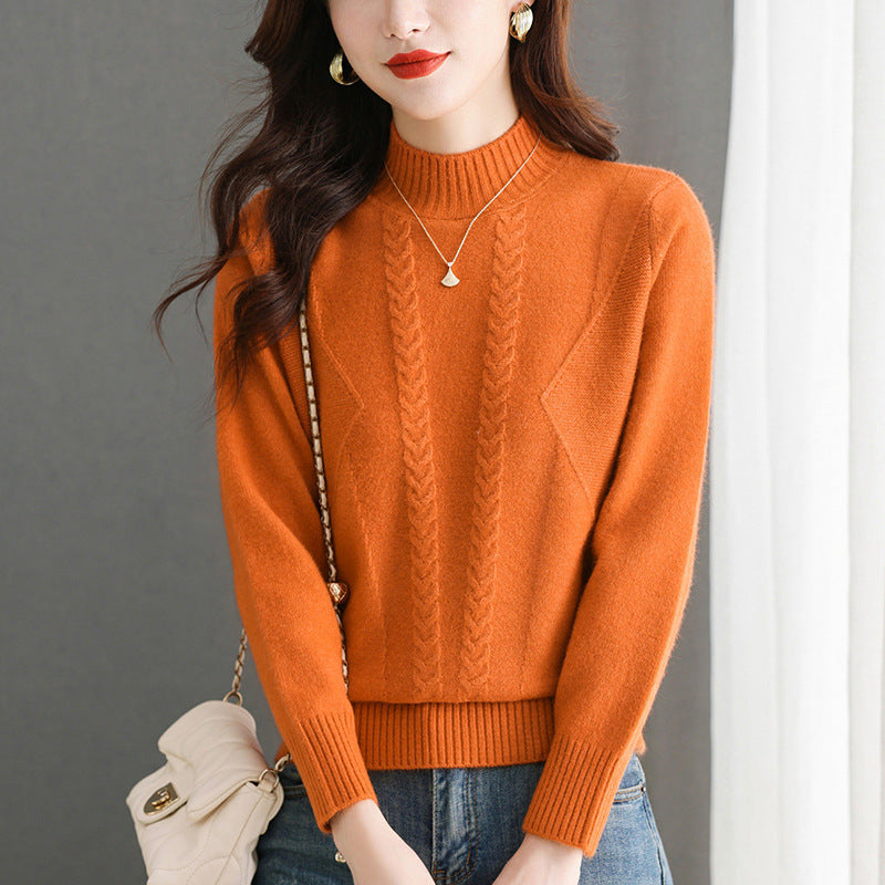 Pull femme en gros tricot avec un élégant motif torsadé et un col haut Lune London