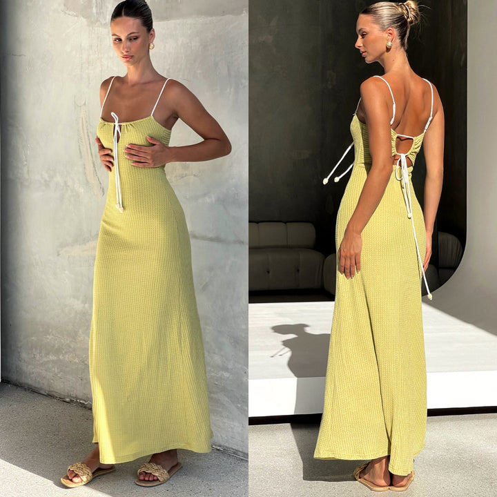 Maxi dress for women with a delicate ribbed design and an adjustable neckline Lune London
