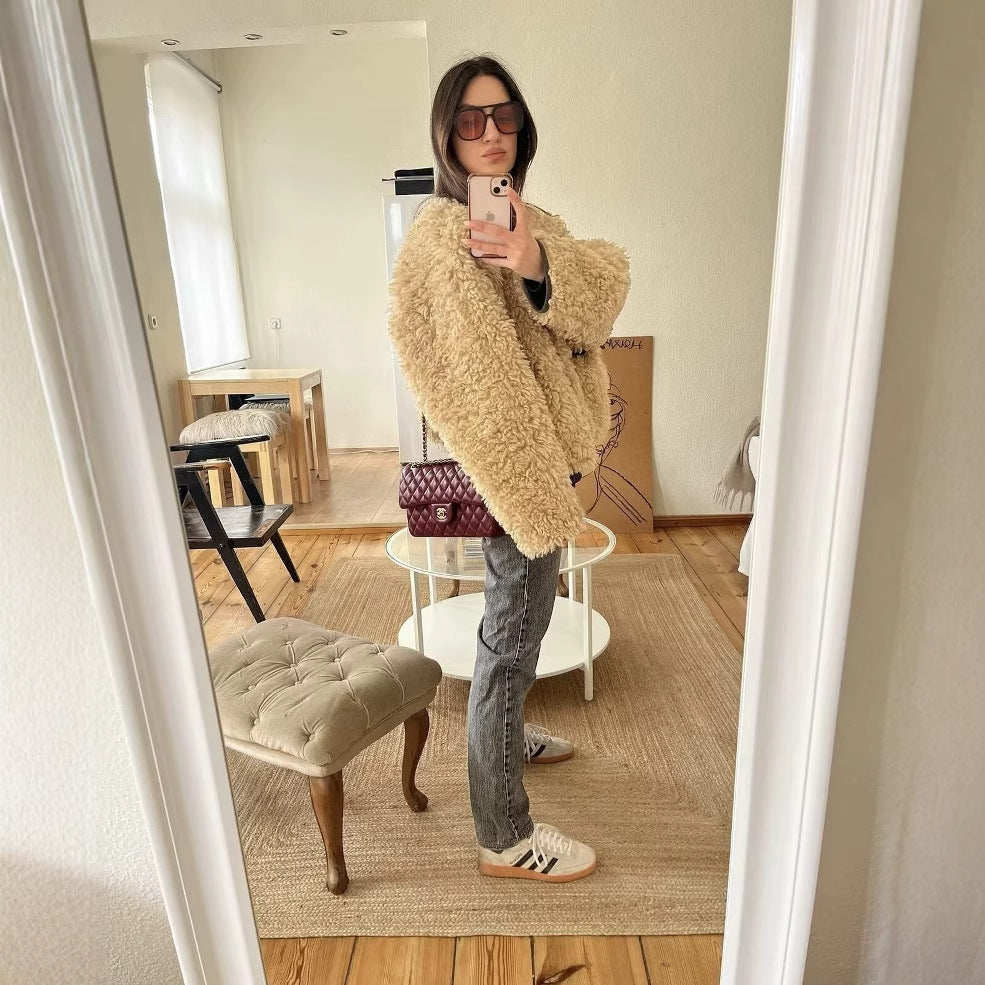 Ladies Fuzzy Short Jacket with a unique structure and a casual chic fit