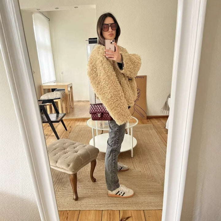 Ladies Fuzzy Short Jacket with a unique structure and a casual chic fit