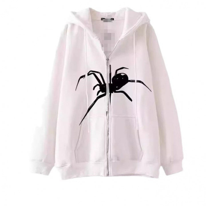 Women's hooded jacket with creative spider motif and practical zipper Lune London