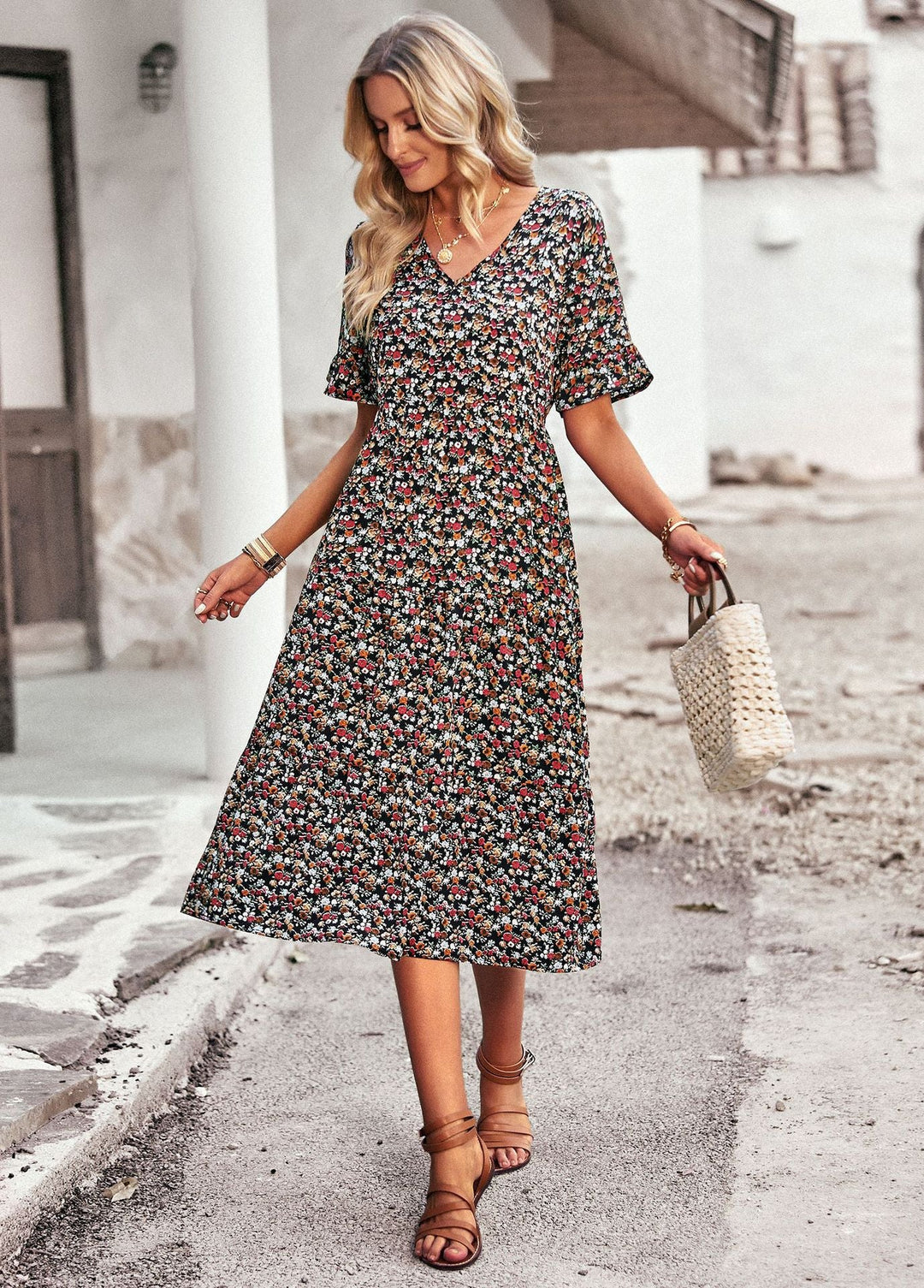 Women's Midi Dress with Floral Pattern and Playful V-Neck Lune London