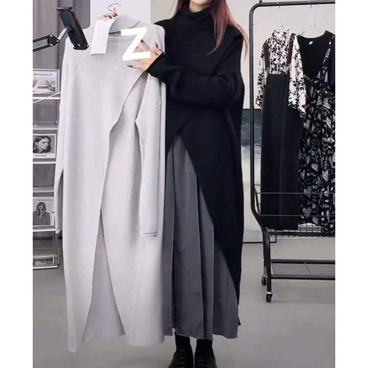 Knit coat for women with high collar and asymmetric cut Lune London