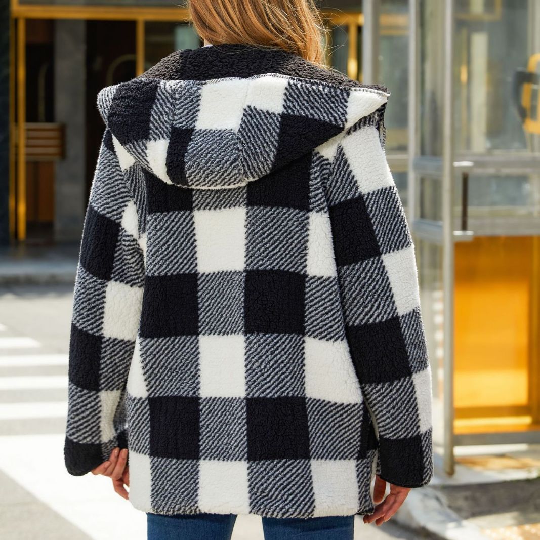 Ladies Oversized Checkered Plush Jacket with Hood Lune London