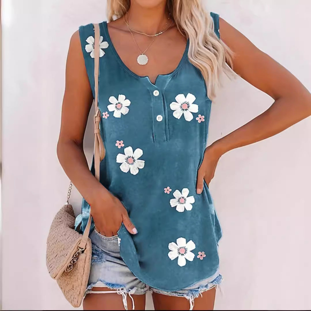 Sleeveless tank top for women with floral accents and button detail Lune London