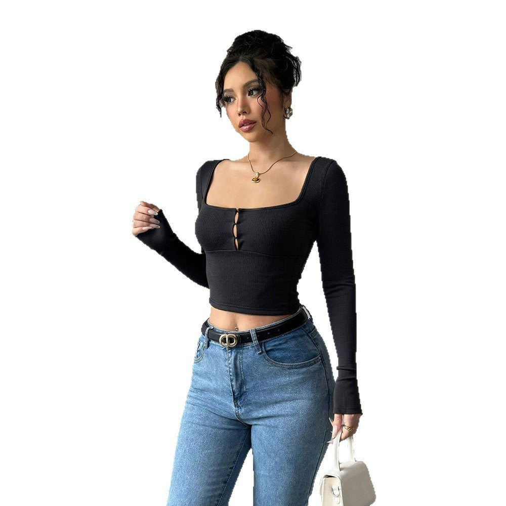T-shirt court à manches longues pour femmes avec avant orné de boutons élégants Chic & Stil