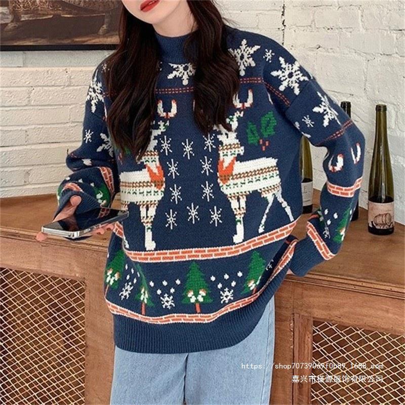 Festive sweater for women with 3D reindeer pattern and high collar Lune London