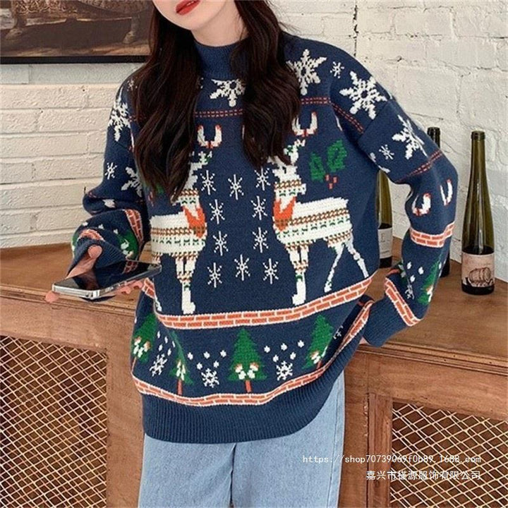 Festive sweater for women with 3D reindeer pattern and high collar Lune London