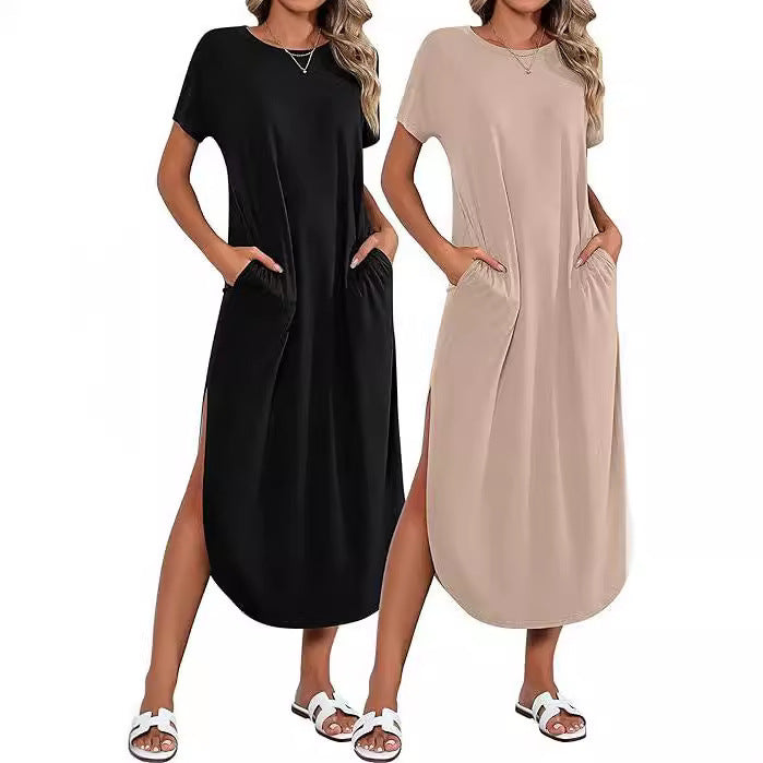 Casual maxi dress for women with side slit and pretty round neck Lune London