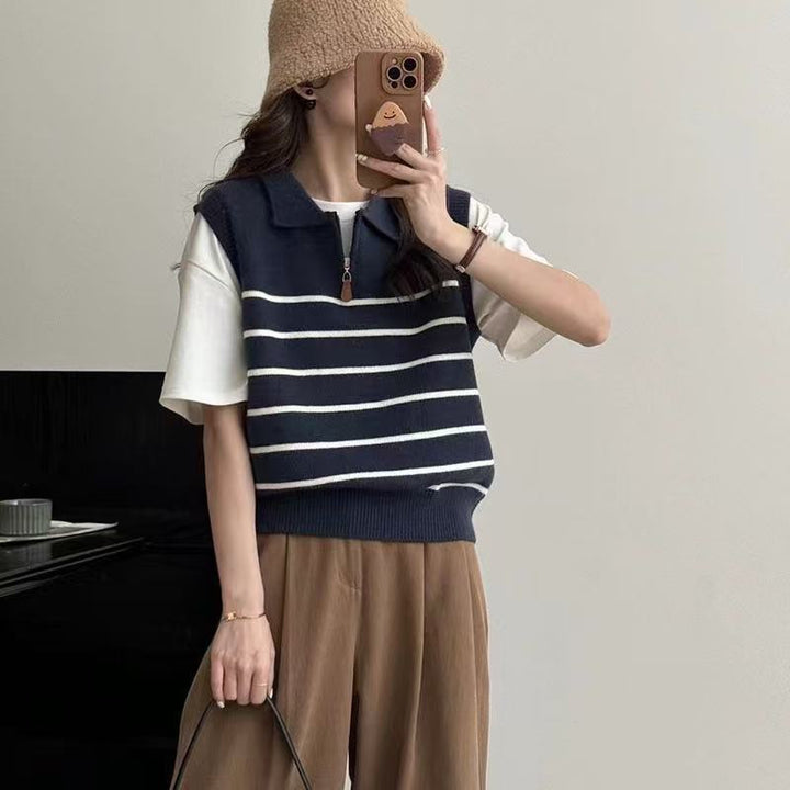 Pull en tricot pour femmes avec fermeture éclair et motif rayé Chic & Stil