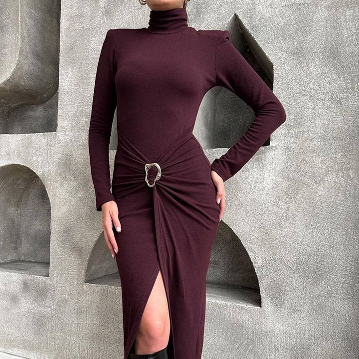 Fitted dress for women with turtleneck and draping Lune London