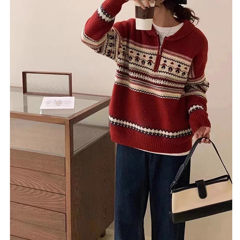 Pull chunky en tricot pour femmes avec col haut et motif norvégien décoratif Chic & Stil