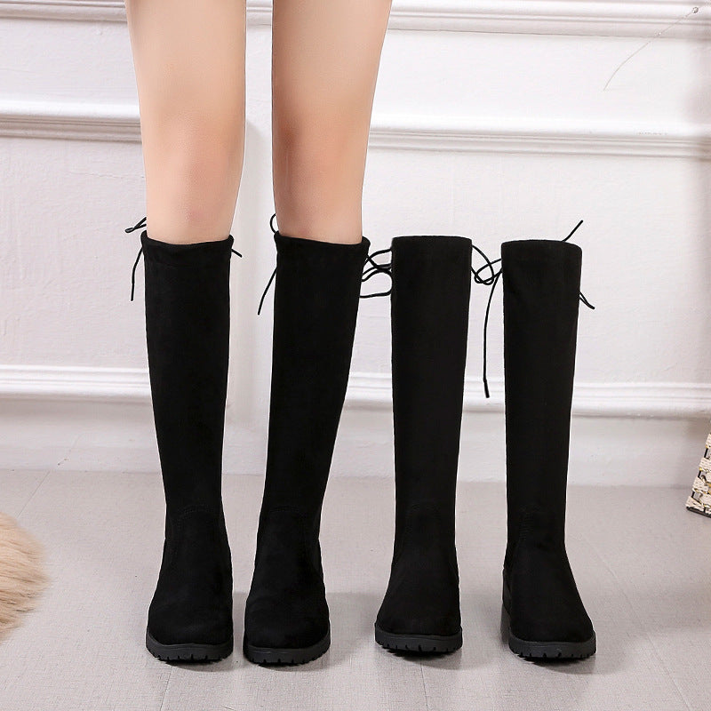 Knee-high women's boots with a velvety surface and adjustable lace detail Lune London