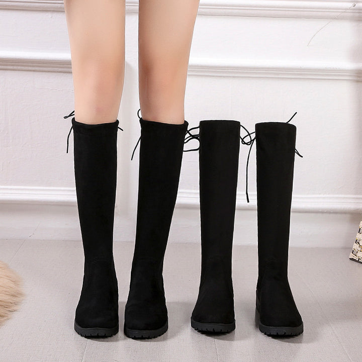 Knee-high women's boots with a velvety surface and adjustable lace detail Lune London