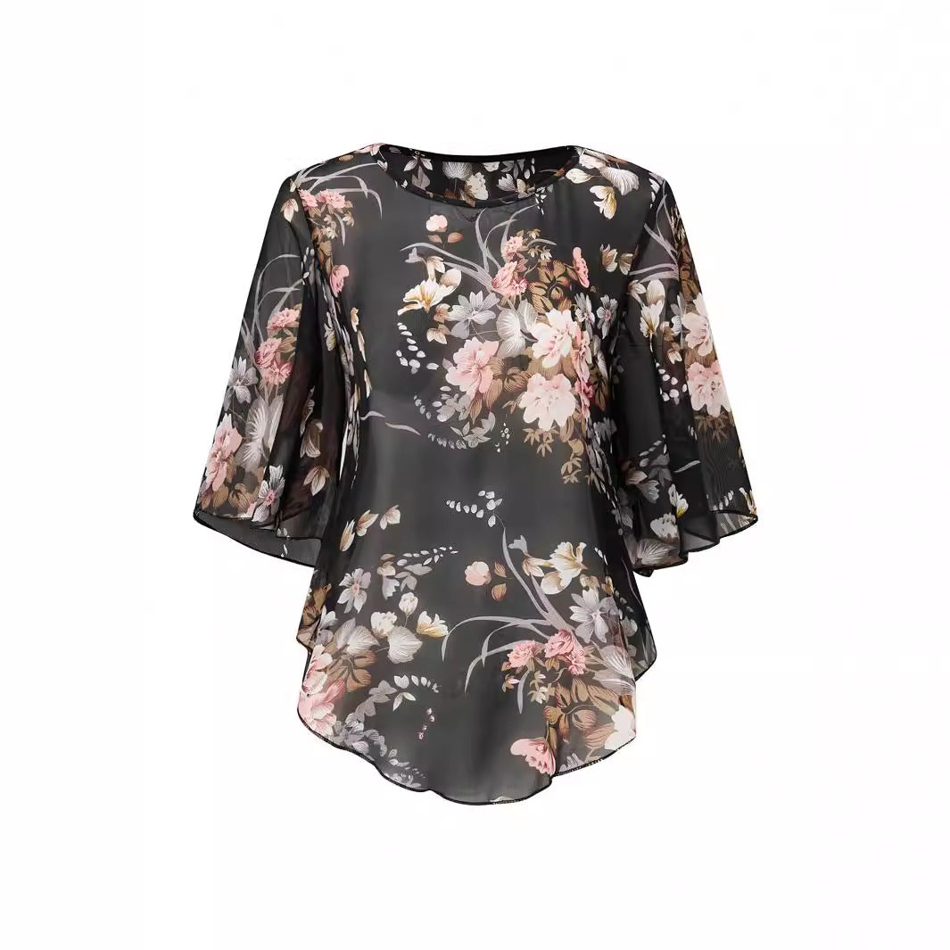 Chiffon blouse for women with ruffle sleeves and a floral pattern Lune London
