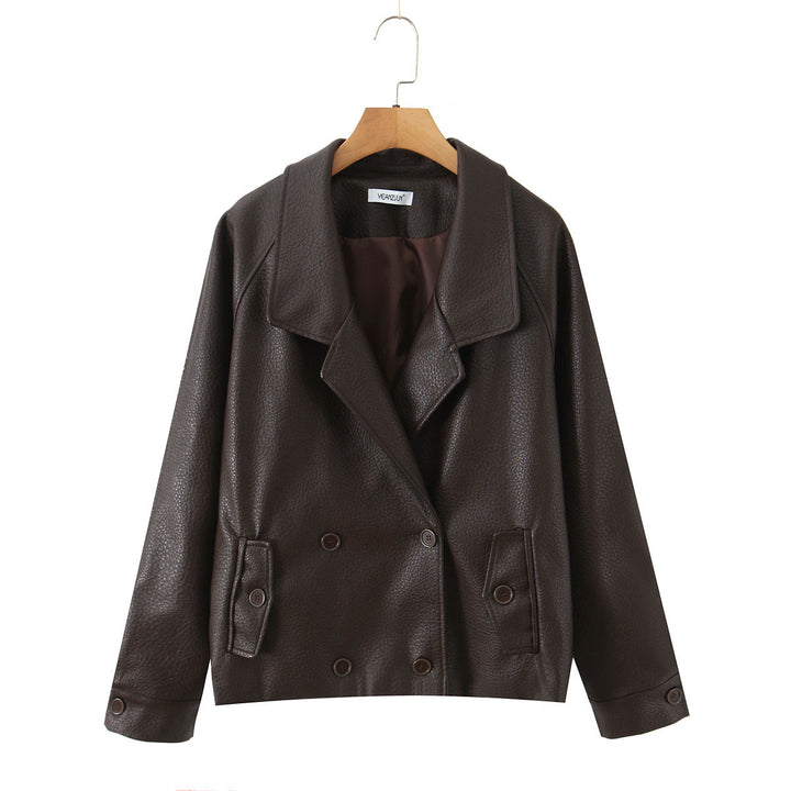 Faux leather jacket for women with double row of buttons and large lapels Lune London