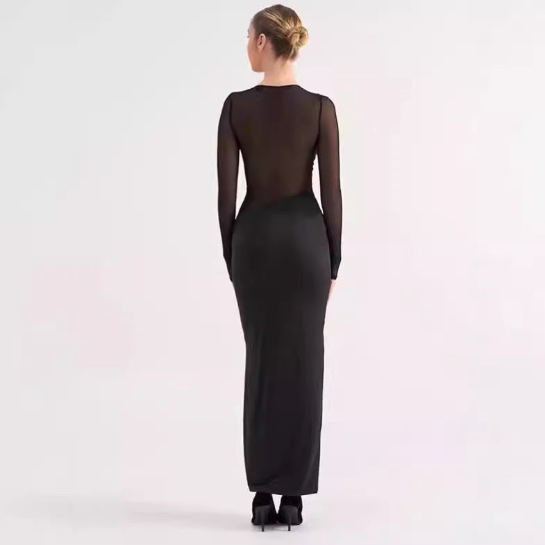 Ladies Elegant Maxi Dress with Transparent Inserts and Chic Ruffles