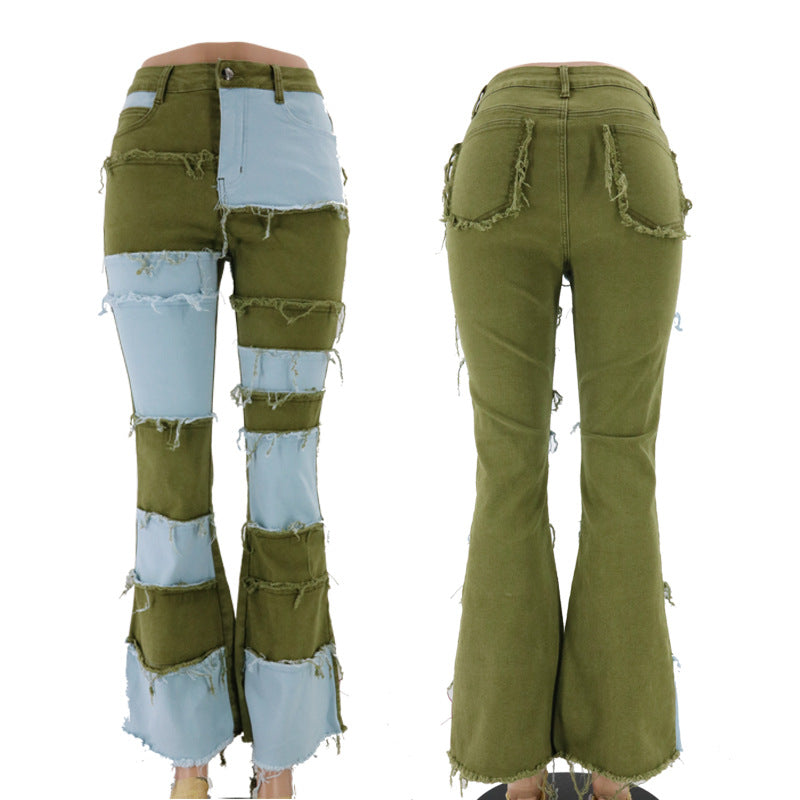 Women's bootcut jeans with a modern patchwork design and casual fringes Lune London