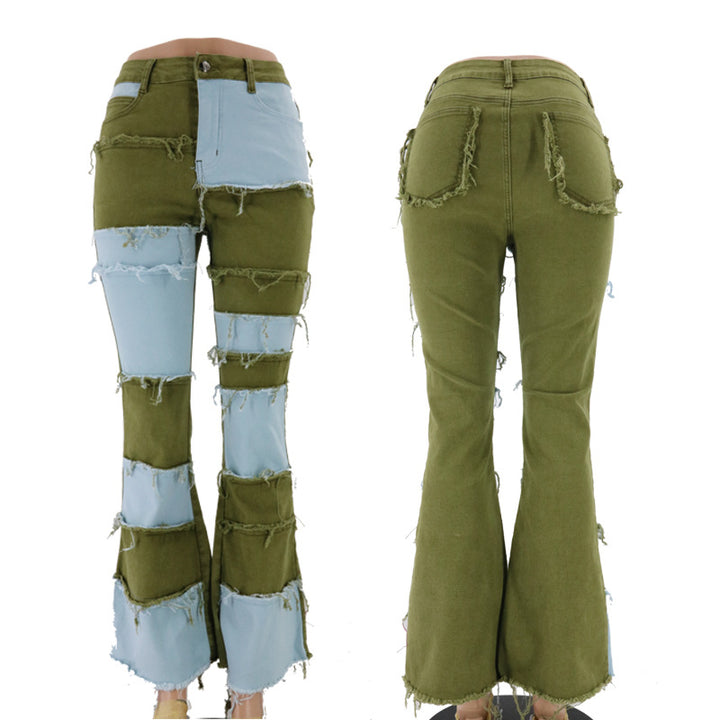 Women's bootcut jeans with a modern patchwork design and casual fringes Lune London