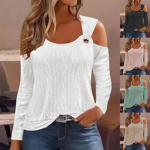 Ladies modern knit sweater with open shoulder design and decorative ring Lune London