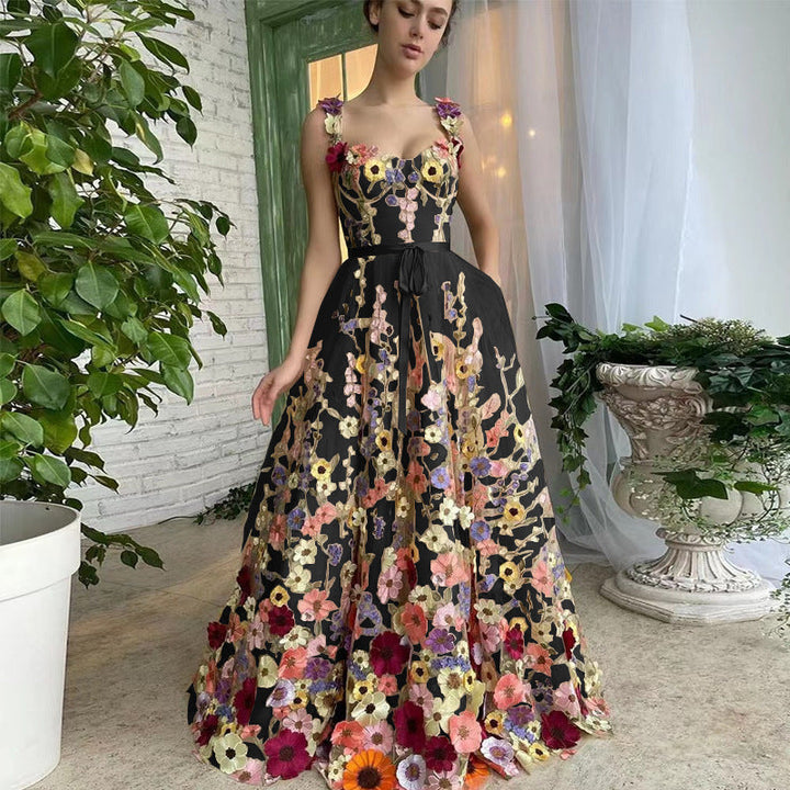 Women's Flower Embroidered Tulle Dress with Waist Belt and A-Line Silhouette Lune London