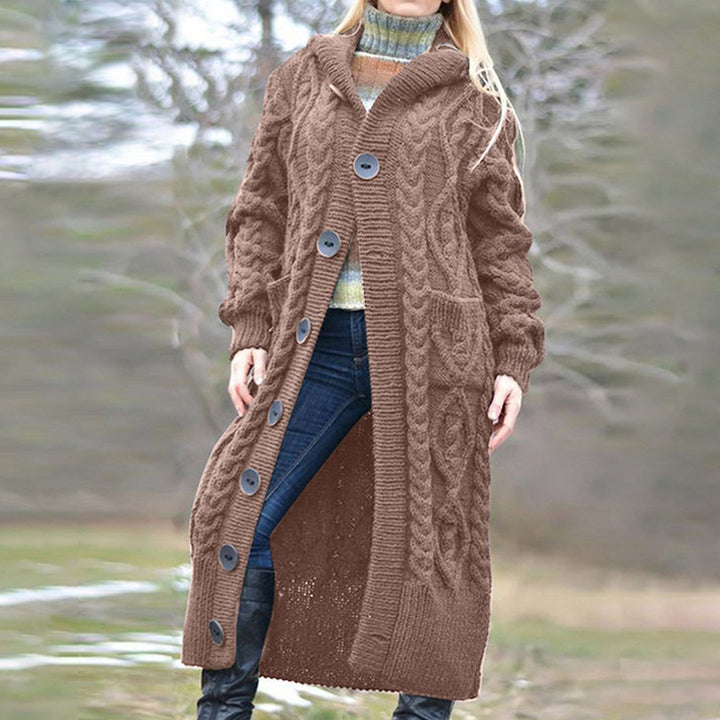 Women Long Knitted Coat with Hood and Classic Braid Design Lune London