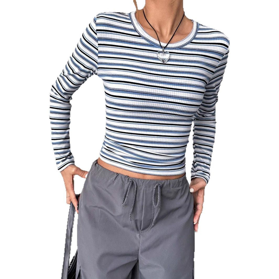 Women’s long sleeve striped ribbed texture top with round neck Lune London