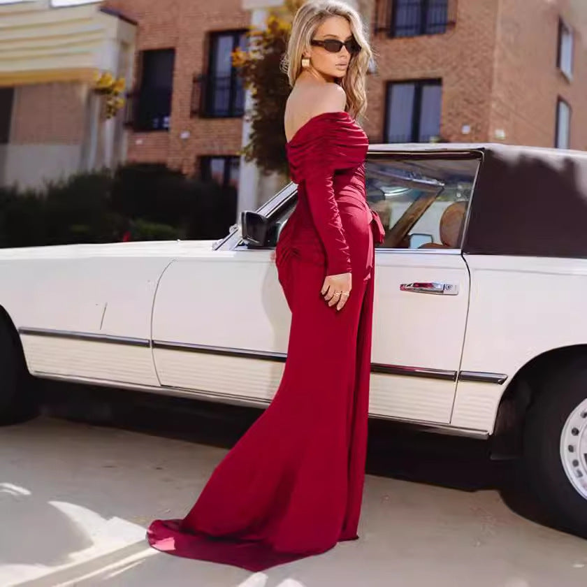Elegant ladies maxi dress with ruffle details and off-shoulder neckline Lune London