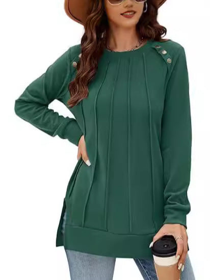 Ladies long sleeve T-shirt with decorative buttons and side slits Lune London