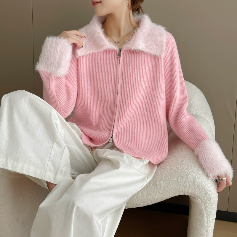 Cardigan pour femme avec col en fausse fourrure luxueuse et drapé en tricot côtes