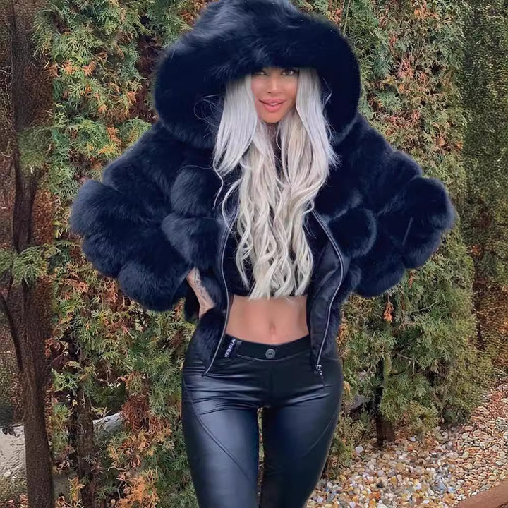 Ladies Cozy Faux Fur Jacket with Plush Hooded Collar Lune London
