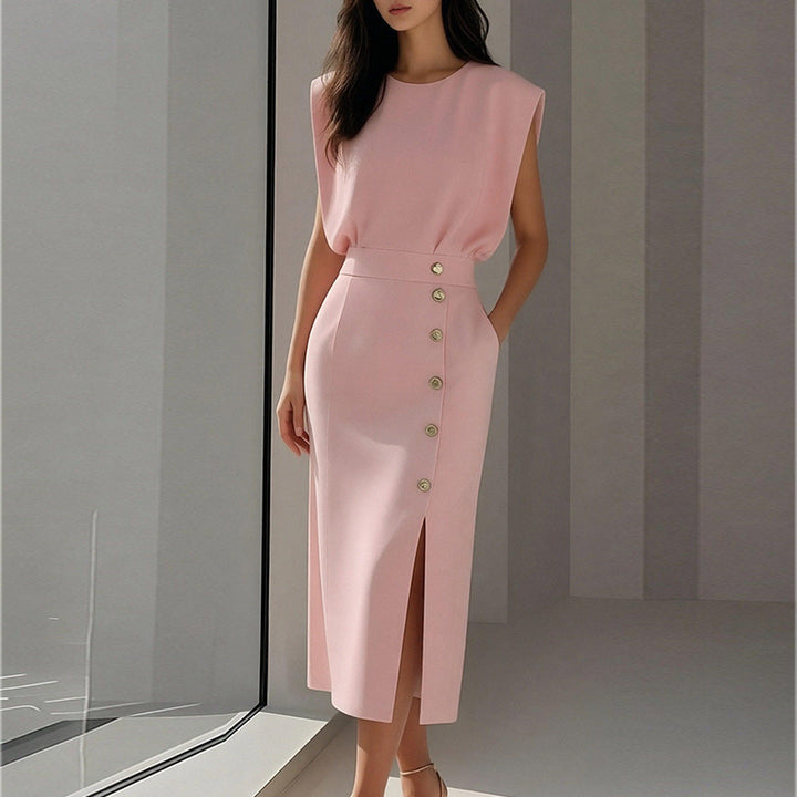 Robe midi élégante pour femmes avec détails de bouton et fente sur le côté Chic & Stil