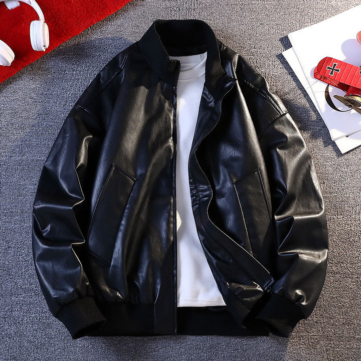 Men's faux leather bomber jacket with elastic ribbed edges and practical pockets Lune London